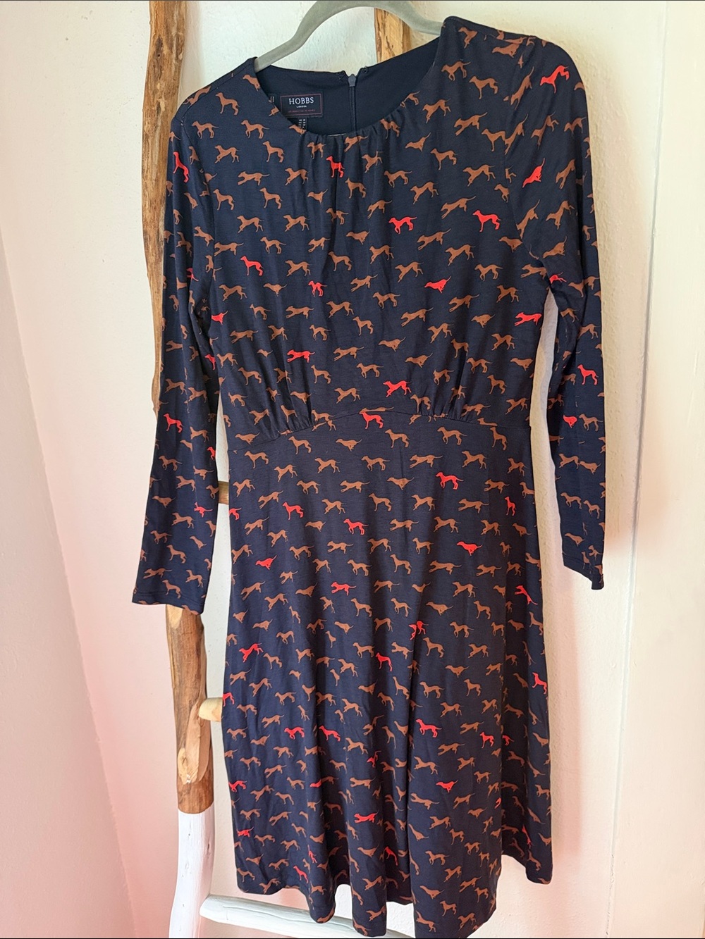 Hobbs London Navy Long-Sleeve Knit A-line Dress with Red & Brown Dog Print 6 M